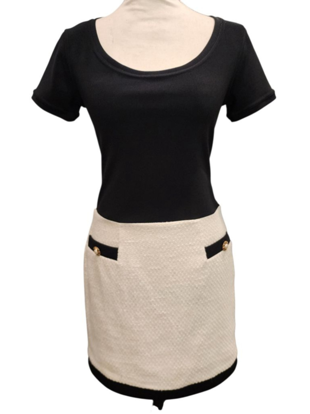 ABS by Allen Schwartz Black Cream Tweed Knit Colorblock Mini Dress Size 6